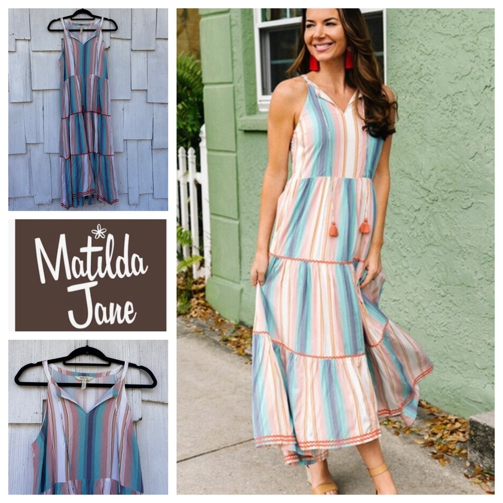 Matilda Jane Sunset Season Maxi Dress Womens Medium Striped Tiered Tassel Boho